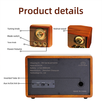 CHOYONG R1 Walnut Solid Wood Bluetooth Speaker
